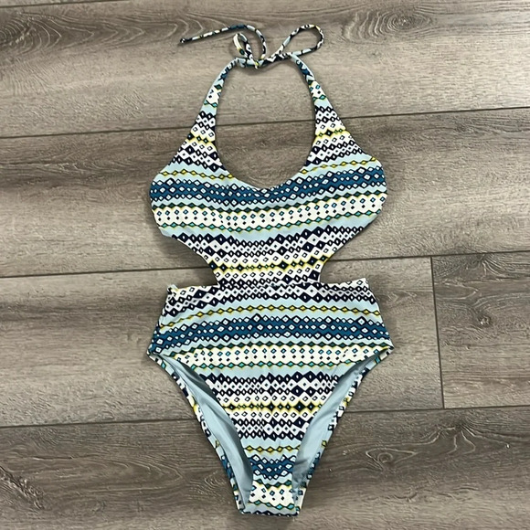 Aerie One Piece Bathing Suit Cut Out Blue Geometric Print Sz m - Picture 2 of 4